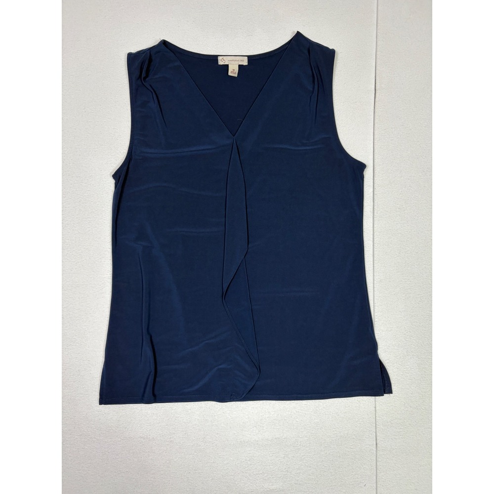 C.B. Established 1962 Womens Navy Blue Sleeveless V-Neck Drape Front Blouse M